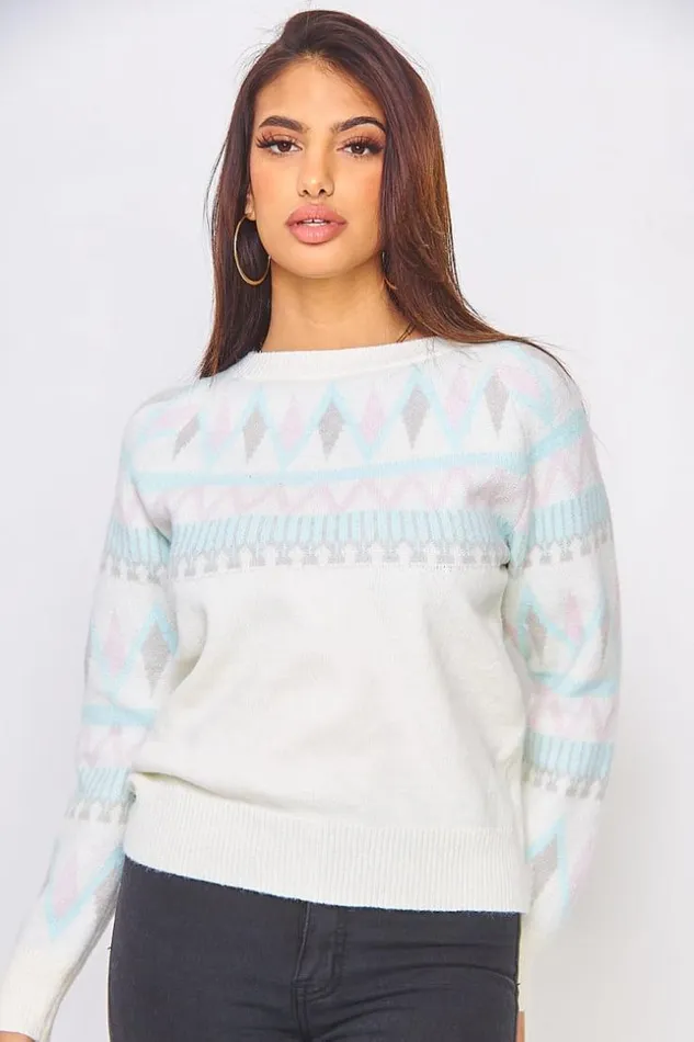 Women Knitted Jumper With Graphic Patterns In White White Brentiny Paris Sweaters and Sweatshirts