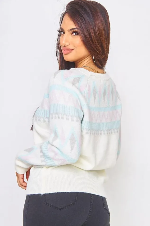 Women Knitted Jumper With Graphic Patterns In White White Brentiny Paris Sweaters and Sweatshirts