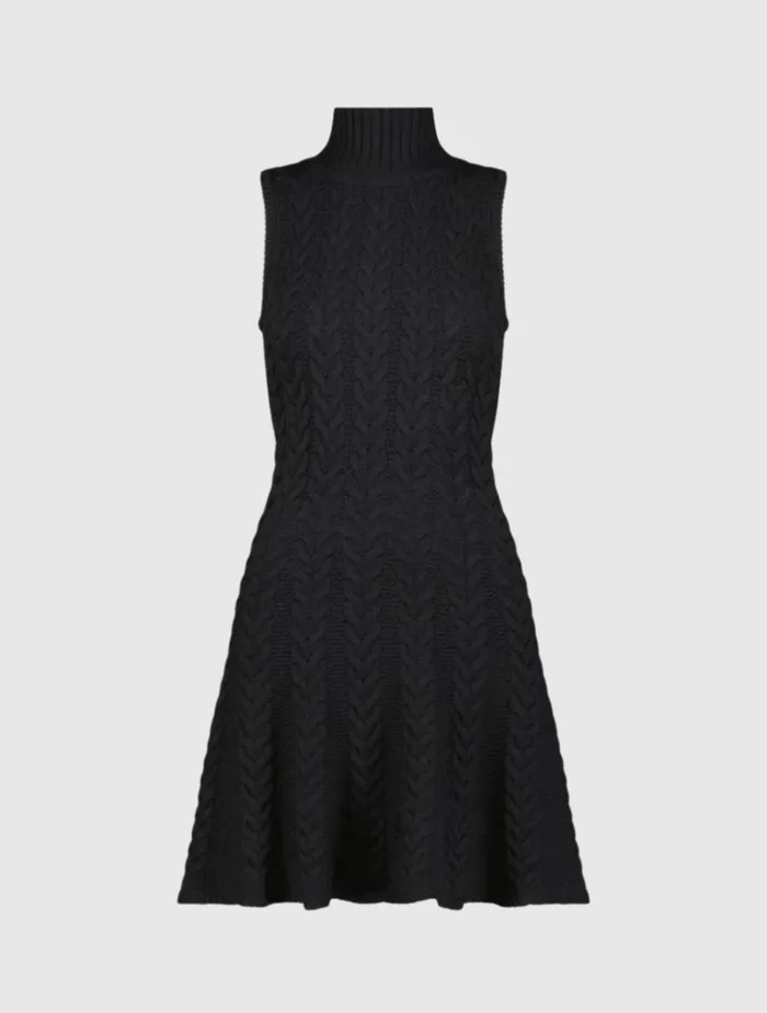 Women Knitwear Mac Duggal Cable Knit Turtle Neck Sleeveless Mini Sweater Knit Dress Black