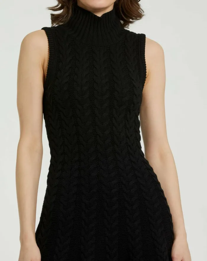 Women Knitwear Mac Duggal Cable Knit Turtle Neck Sleeveless Mini Sweater Knit Dress Black