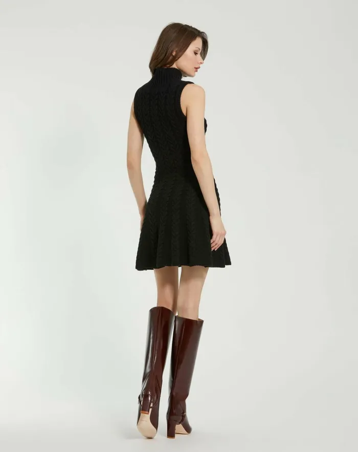 Women Knitwear Mac Duggal Cable Knit Turtle Neck Sleeveless Mini Sweater Knit Dress Black