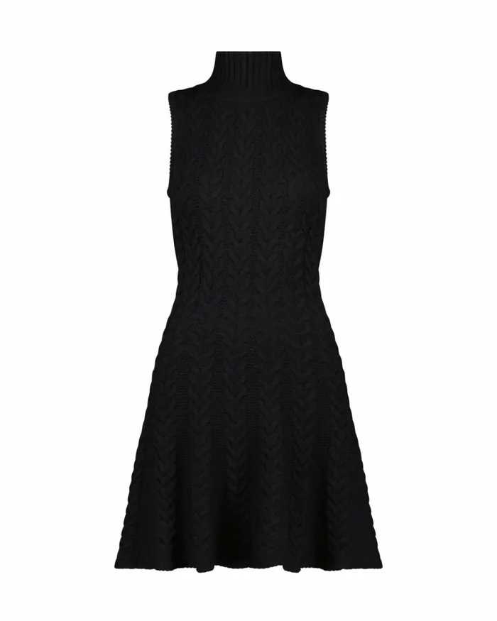 Women Knitwear Mac Duggal Cable Knit Turtle Neck Sleeveless Mini Sweater Knit Dress Black