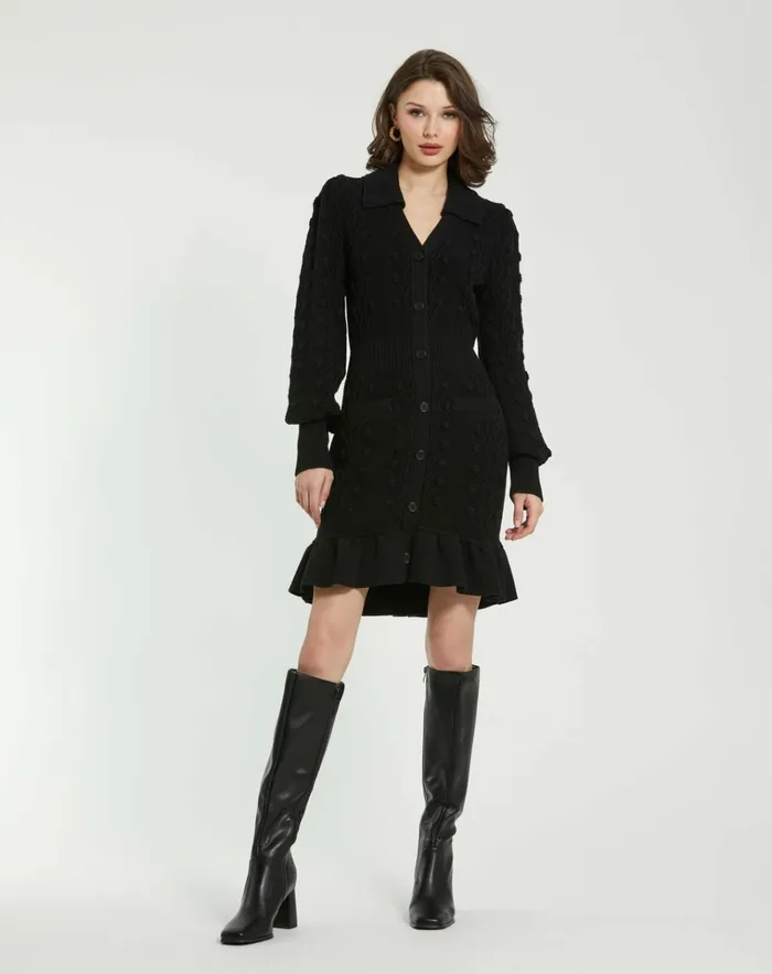 Women Knitwear Mac Duggal Long Sleeve Button Up Collared Bobble Knit Sweater Dress Black