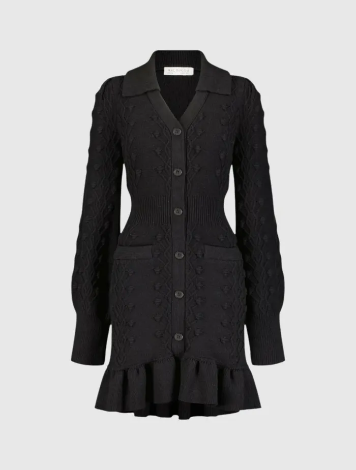 Women Knitwear Mac Duggal Long Sleeve Button Up Collared Bobble Knit Sweater Dress Black