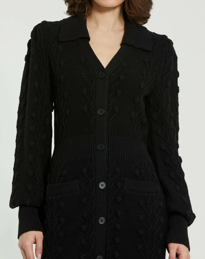 Women Knitwear Mac Duggal Long Sleeve Button Up Collared Bobble Knit Sweater Dress Black