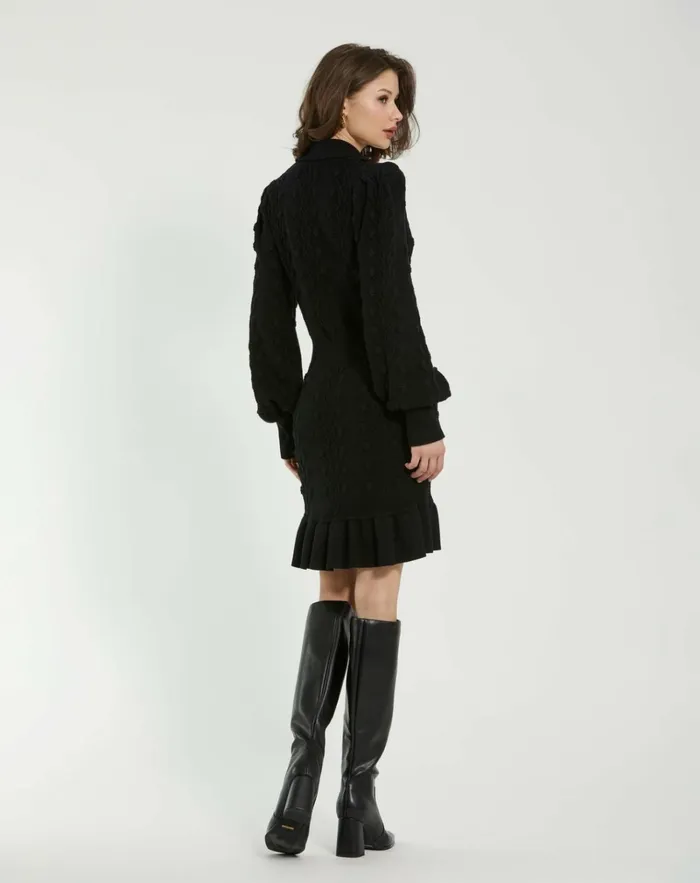 Women Knitwear Mac Duggal Long Sleeve Button Up Collared Bobble Knit Sweater Dress Black