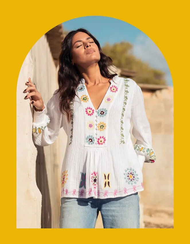 Women La Galeria Elefante HandEmbroidered Blouse White Monsoon Tops and Blouses