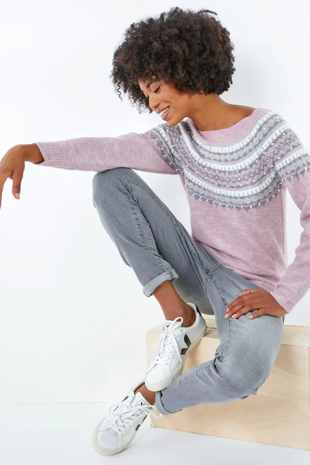 Women Lavender Pearl Embellished Printed Jumper Roman Knitwear