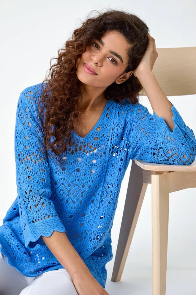 Women Light Blue Cotton Crochet Tunic Top Roman Tops