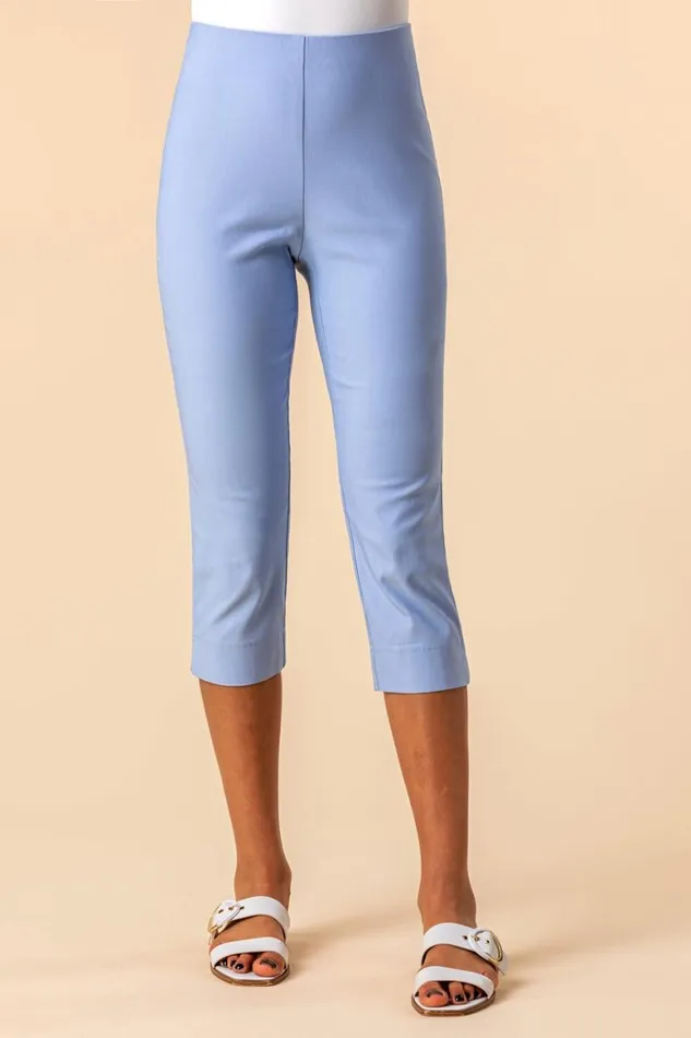 Women Light Blue Elastic Waist Stretch Cropped Trousers Roman Occasionwear