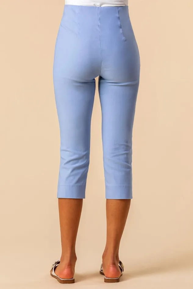 Women Light Blue Elastic Waist Stretch Cropped Trousers Roman Occasionwear