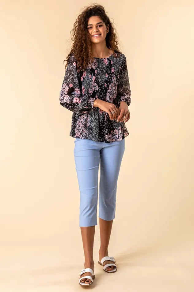 Women Light Blue Elastic Waist Stretch Cropped Trousers Roman Occasionwear