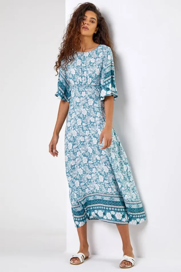 Women Light Blue Floral Border Print Midi Dress Roman Dresses