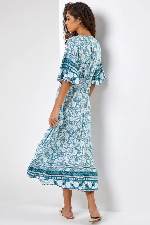 Women Light Blue Floral Border Print Midi Dress Roman Dresses