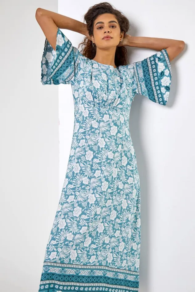 Women Light Blue Floral Border Print Midi Dress Roman Dresses