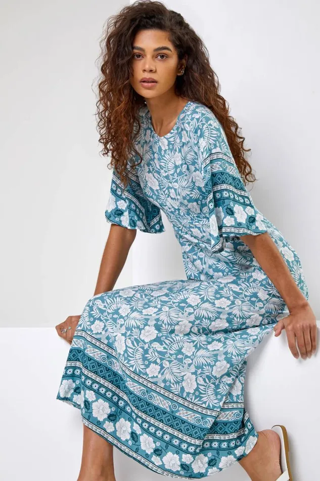 Women Light Blue Floral Border Print Midi Dress Roman Dresses