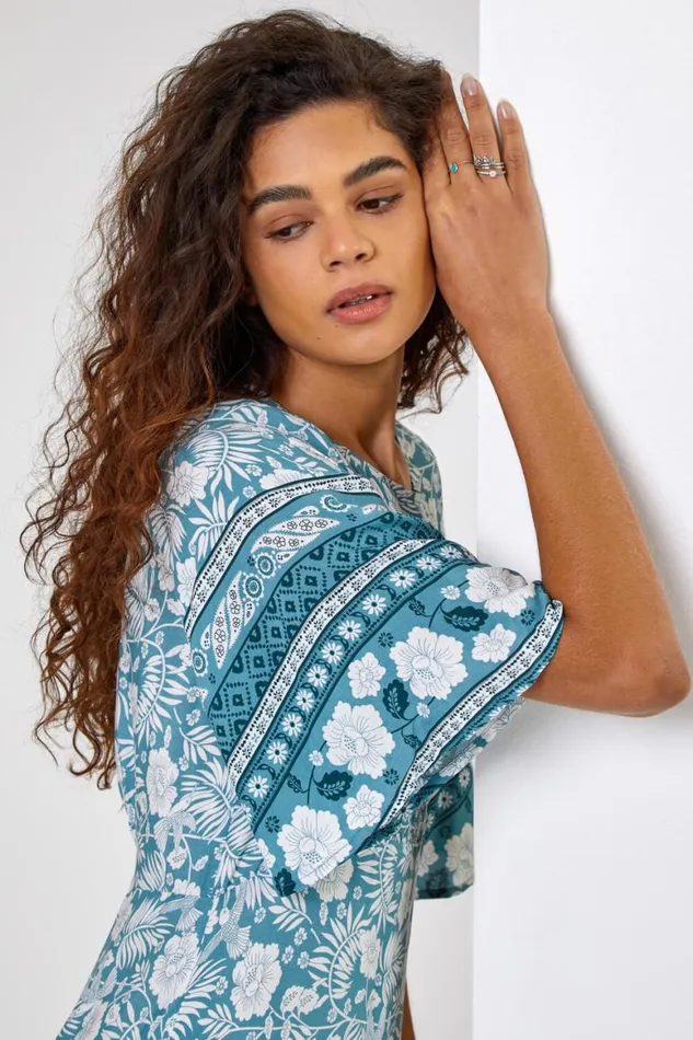 Women Light Blue Floral Border Print Midi Dress Roman Dresses