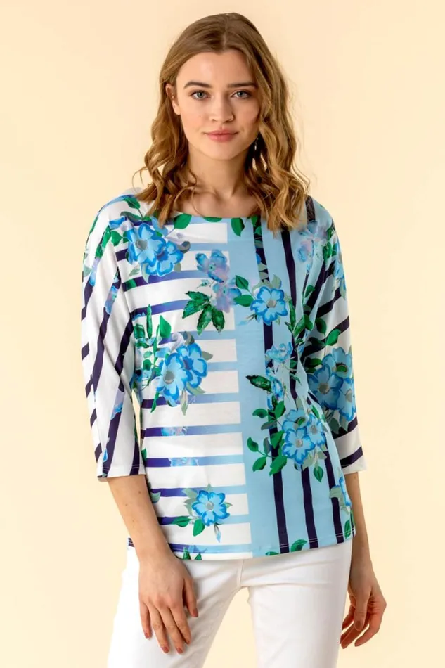 Women Light Blue Floral Striped Batwing Top Roman Tops