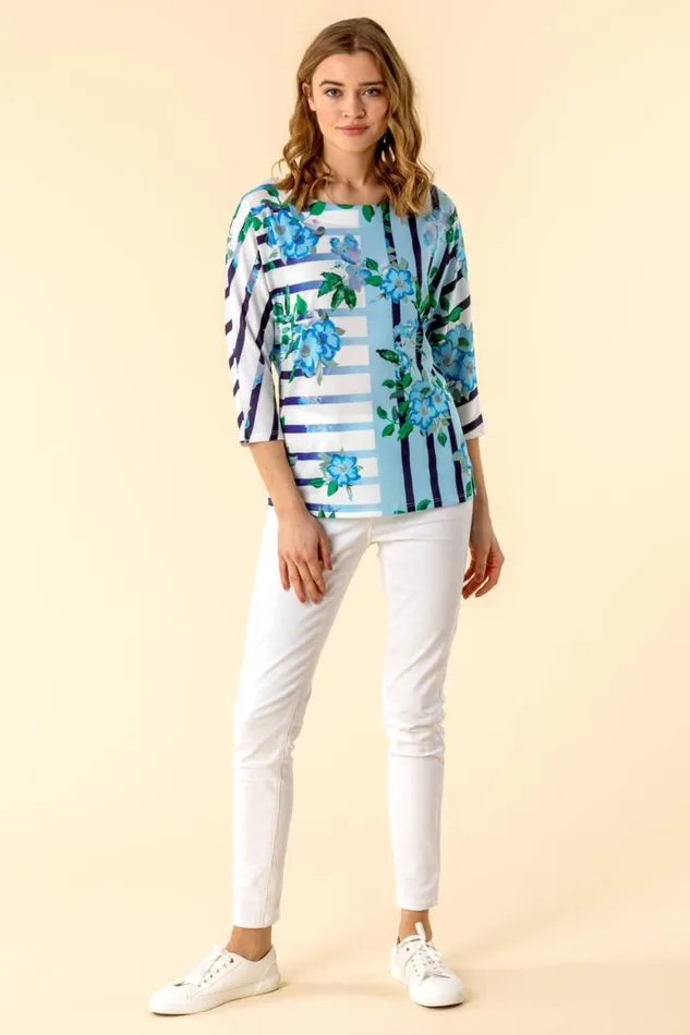 Women Light Blue Floral Striped Batwing Top Roman Tops