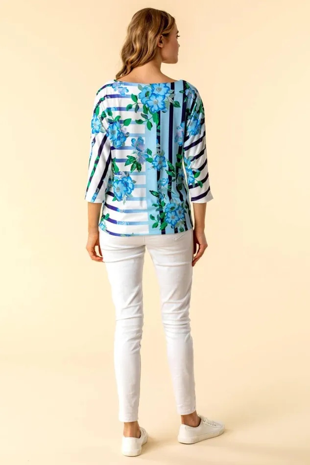 Women Light Blue Floral Striped Batwing Top Roman Tops
