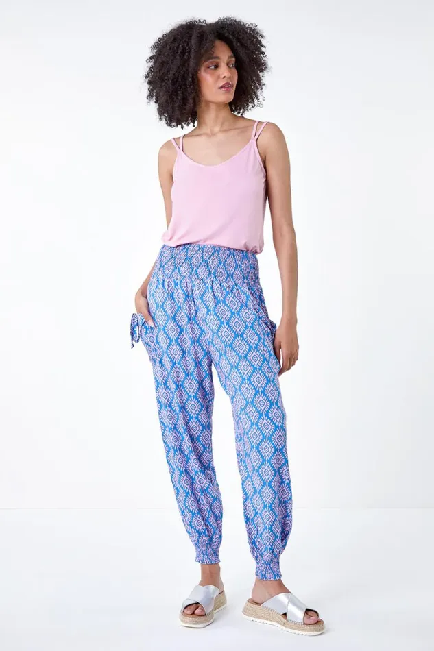 Women Light Blue Geometric Print Shirred Hareem Jogger Roman Trousers