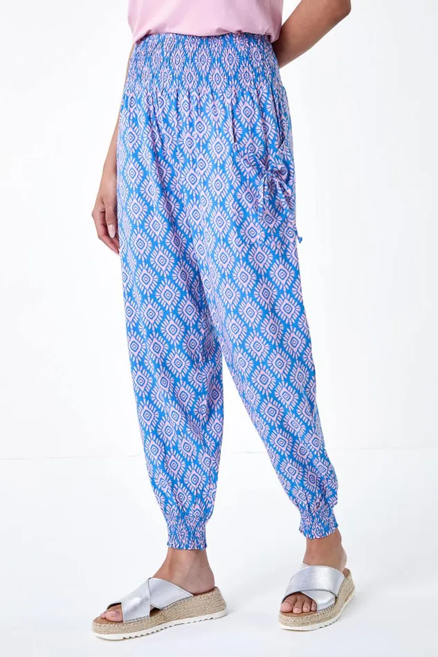 Women Light Blue Geometric Print Shirred Hareem Jogger Roman Trousers