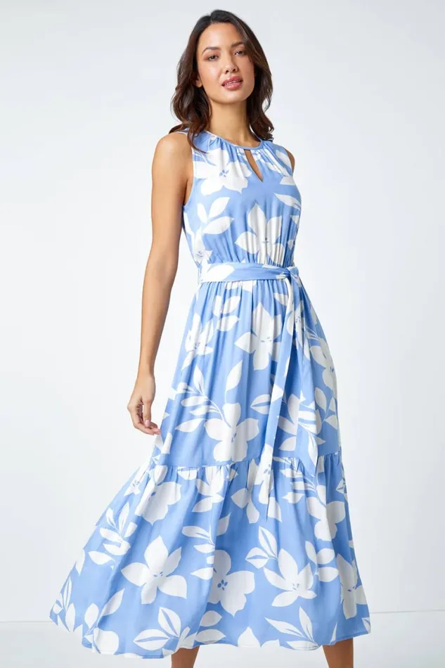 Women Light Blue Sleeveless Floral Print Maxi Dress Roman Dresses