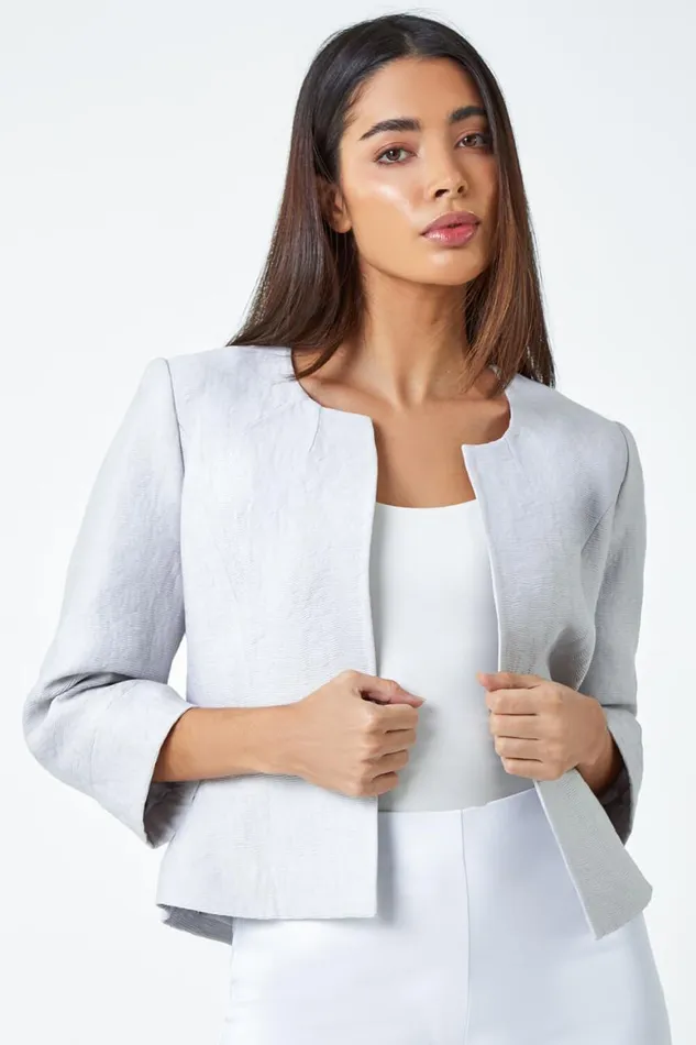 Women Light Grey 34 Sleeve Pleated Textured Cropped Jacket Roman Occasionwear