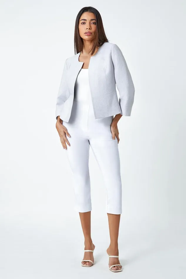 Women Light Grey 34 Sleeve Pleated Textured Cropped Jacket Roman Occasionwear