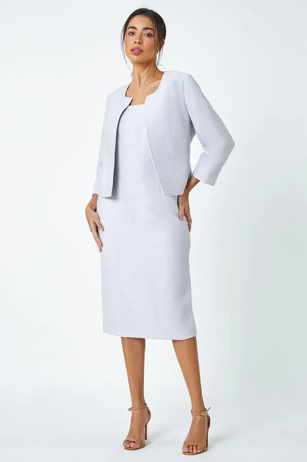 Women Light Grey 34 Sleeve Pleated Textured Cropped Jacket Roman Occasionwear