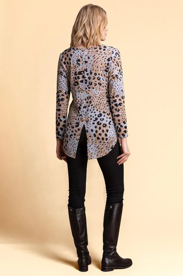 Women Light Grey Animal Print Bow Back Top Roman Tops