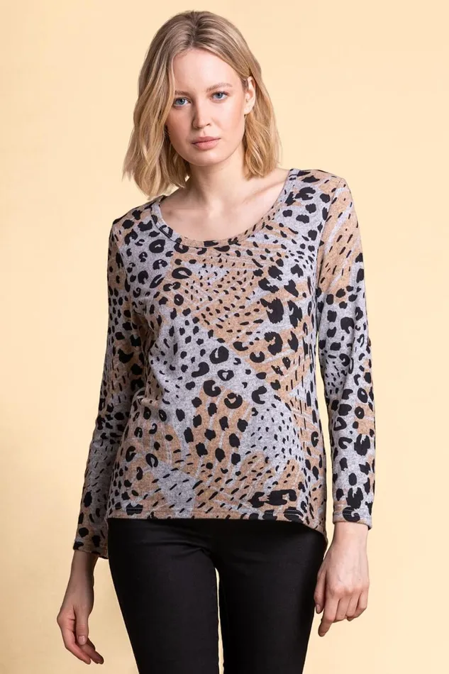 Women Light Grey Animal Print Bow Back Top Roman Tops