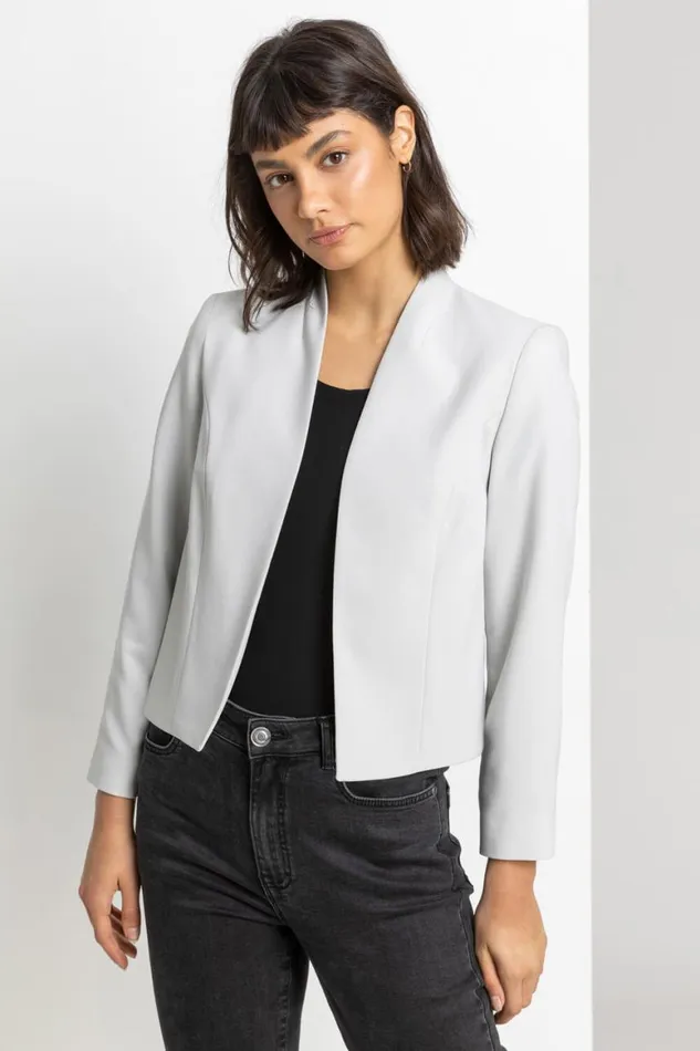 Women Light Grey Cropped High Collar Crepe Jacket Roman Occasionwear
