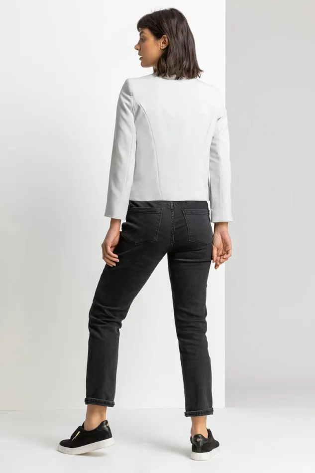 Women Light Grey Cropped High Collar Crepe Jacket Roman Occasionwear