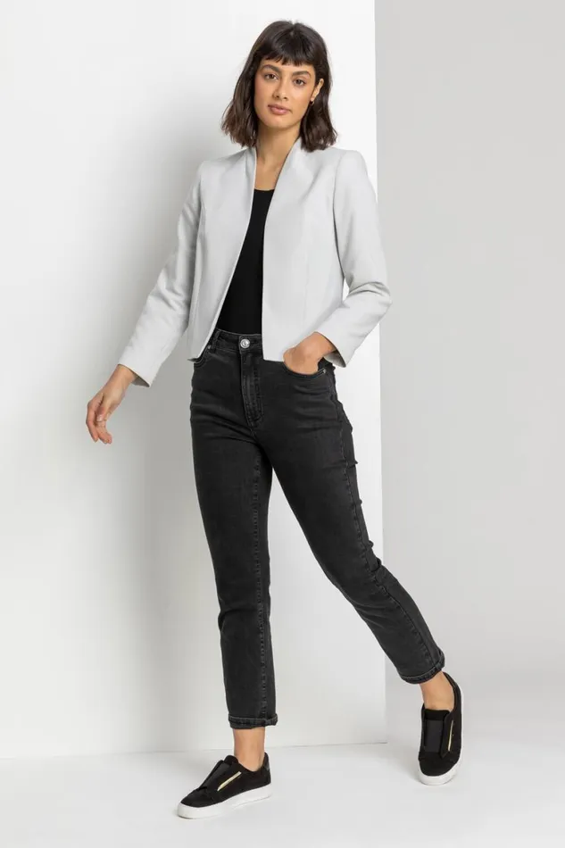Women Light Grey Cropped High Collar Crepe Jacket Roman Occasionwear