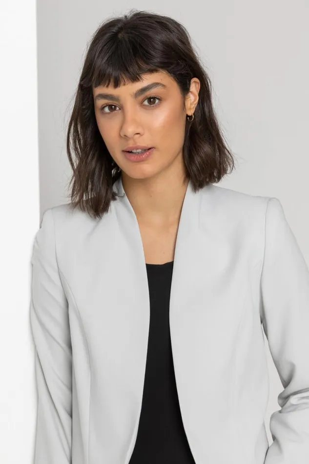 Women Light Grey Cropped High Collar Crepe Jacket Roman Occasionwear