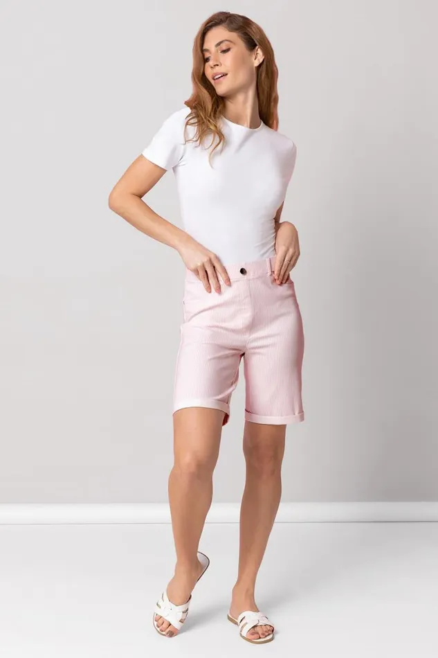 Women Light Pink Elastic Waist Stripe Print Turn Up Shorts Roman Trousers