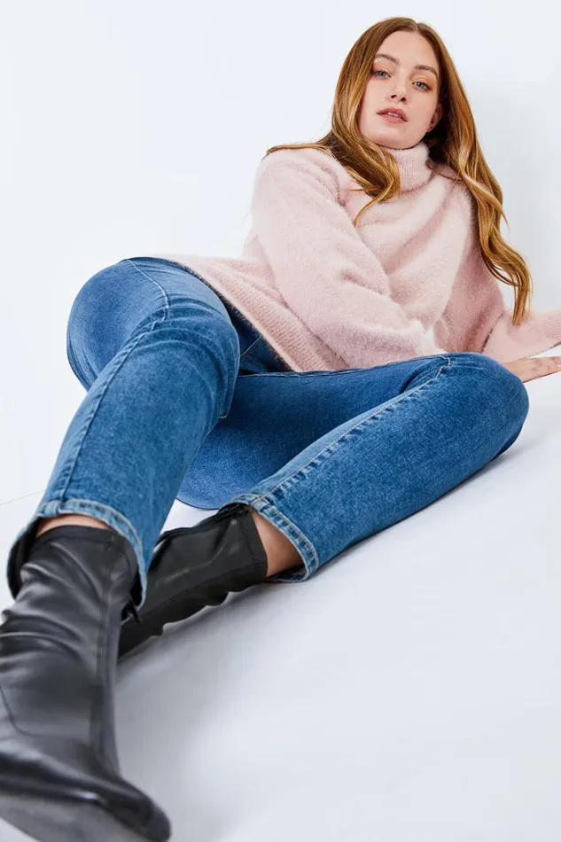 Women Light Pink Fluffy Turtleneck Jumper Roman Knitwear
