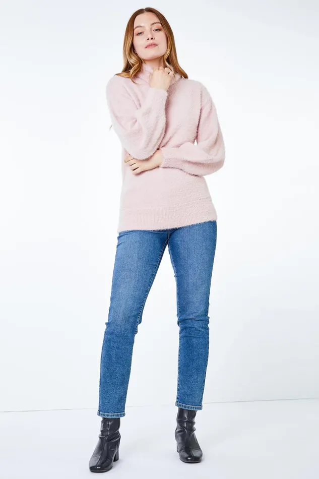 Women Light Pink Fluffy Turtleneck Jumper Roman Knitwear