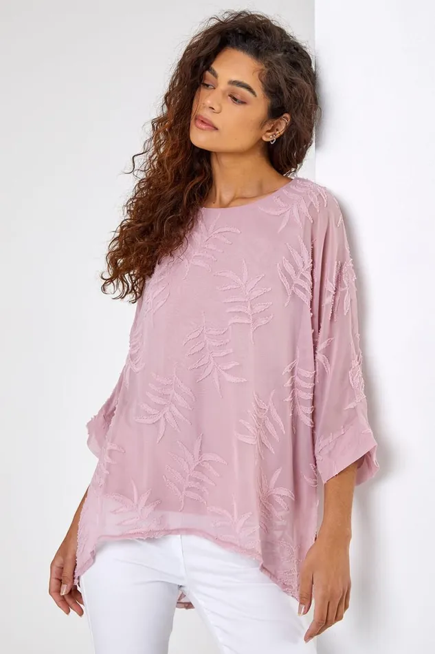Women Light Pink Leaf Burnout Print Overlay Top Roman Tops