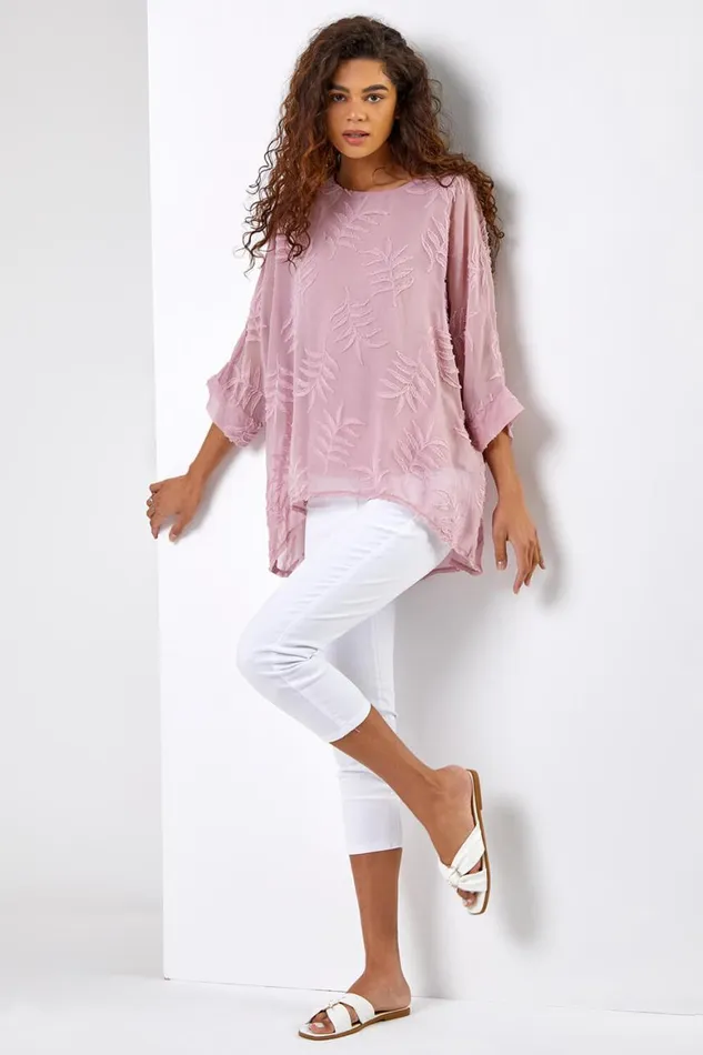 Women Light Pink Leaf Burnout Print Overlay Top Roman Tops
