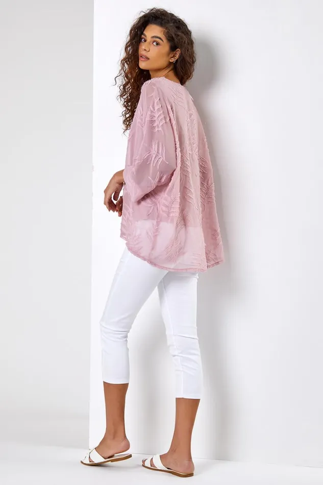 Women Light Pink Leaf Burnout Print Overlay Top Roman Tops