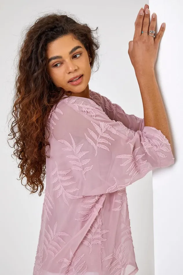 Women Light Pink Leaf Burnout Print Overlay Top Roman Tops