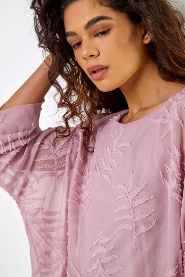 Women Light Pink Leaf Burnout Print Overlay Top Roman Tops