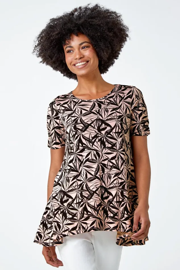 Women Light Pink Leaf Print Hanky Hem Tunic Top Roman Tops
