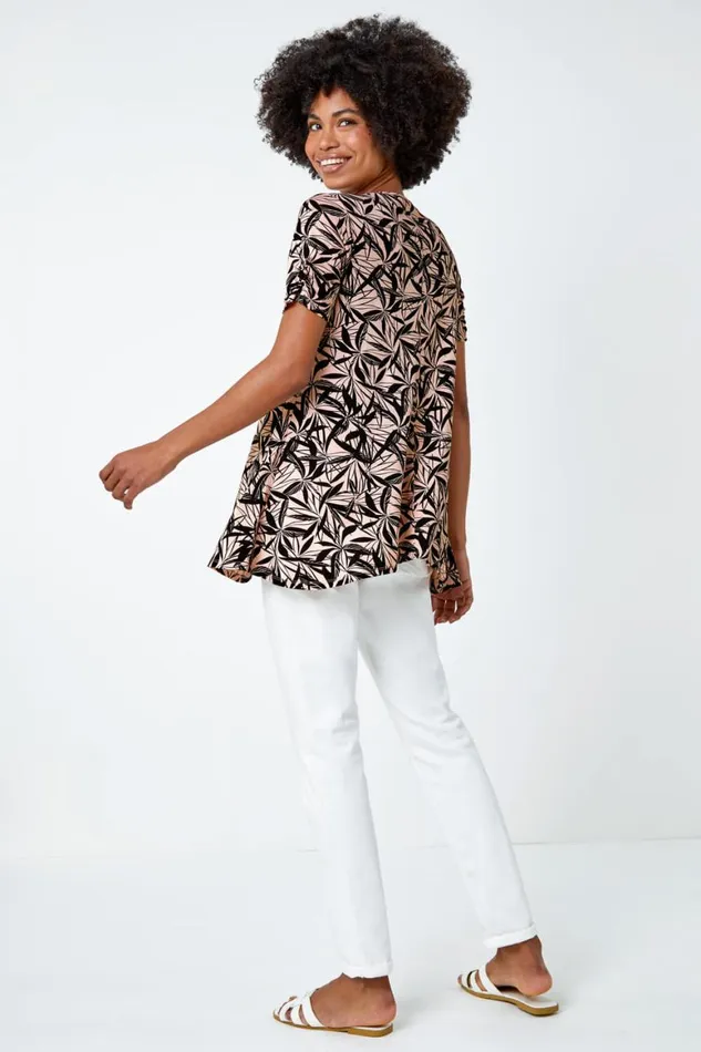 Women Light Pink Leaf Print Hanky Hem Tunic Top Roman Tops