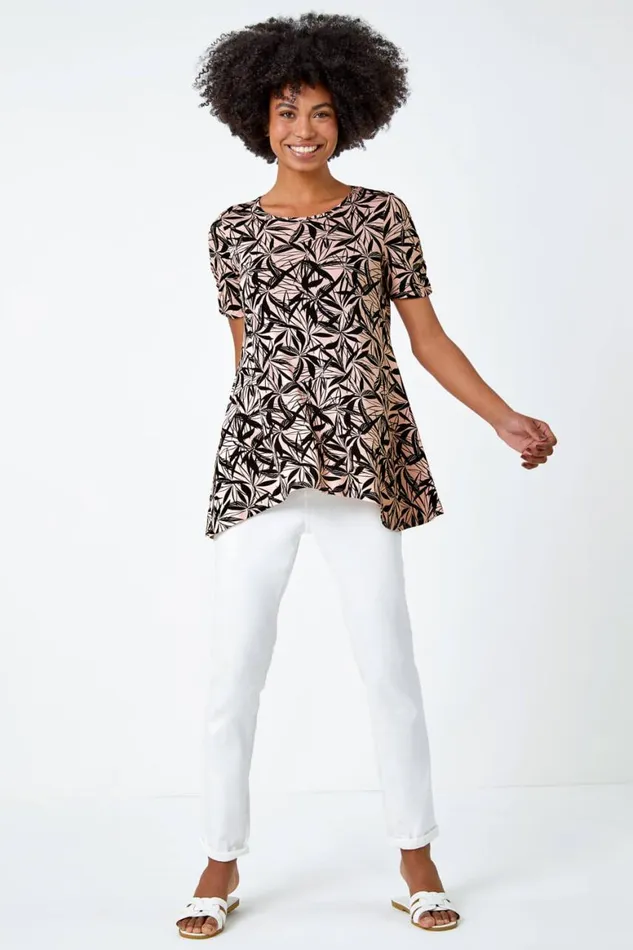 Women Light Pink Leaf Print Hanky Hem Tunic Top Roman Tops
