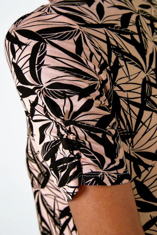 Women Light Pink Leaf Print Hanky Hem Tunic Top Roman Tops
