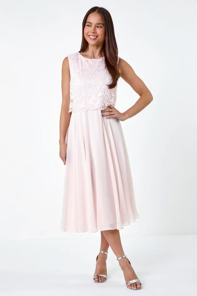 Women Light Pink Petite Chiffon Overlay Lace Midi Dress Roman Dresses