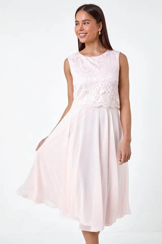 Women Light Pink Petite Chiffon Overlay Lace Midi Dress Roman Dresses